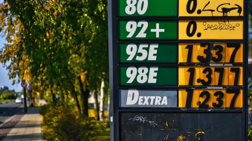 Degvielas uzpildes stacijas cenu zīme ar dažādu degvielas veidu cenām eiro valūtā.